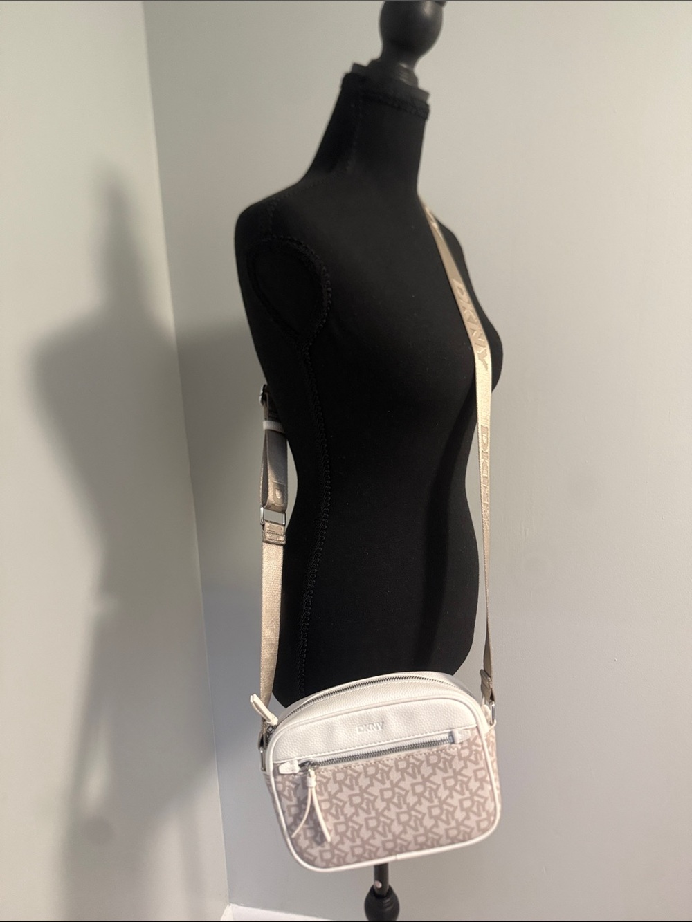 DKNY Light Beige Logo Crossbody Bag with Metallic Strap